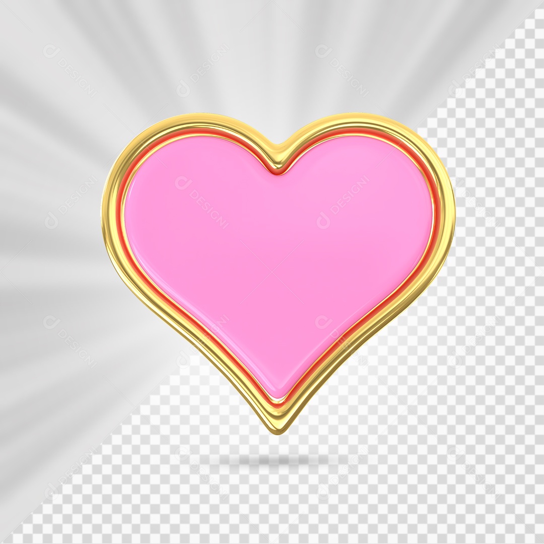 Coração Rosa com Arco Dourado Elemento 3D para Composição PSD