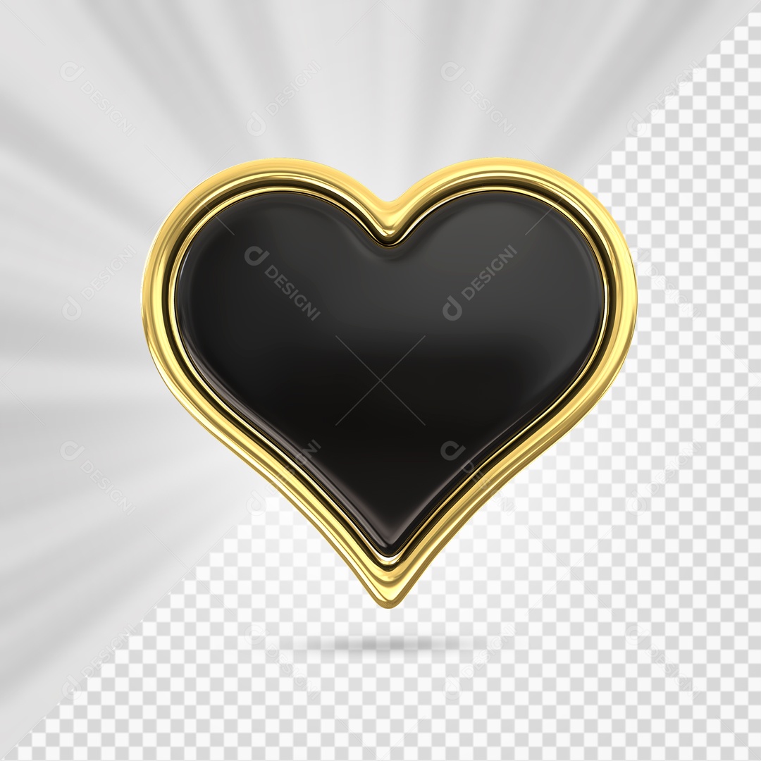 Coração Preto com Arco Dourado Elemento 3D para Composição PSD