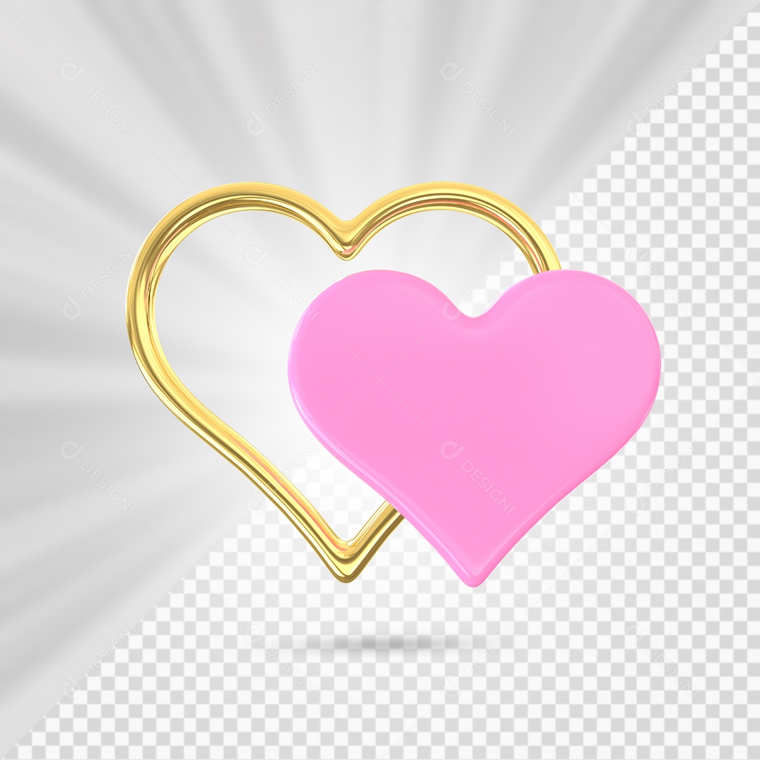 Arco Dourado de Coração e Coração Rosa Elemento 3D para Composição PSD