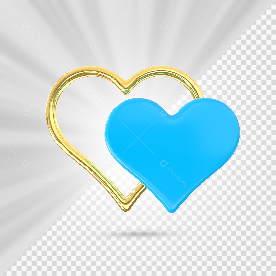 Arco Dourado de Coração e Coração Azul Elemento 3D para Composição PSD