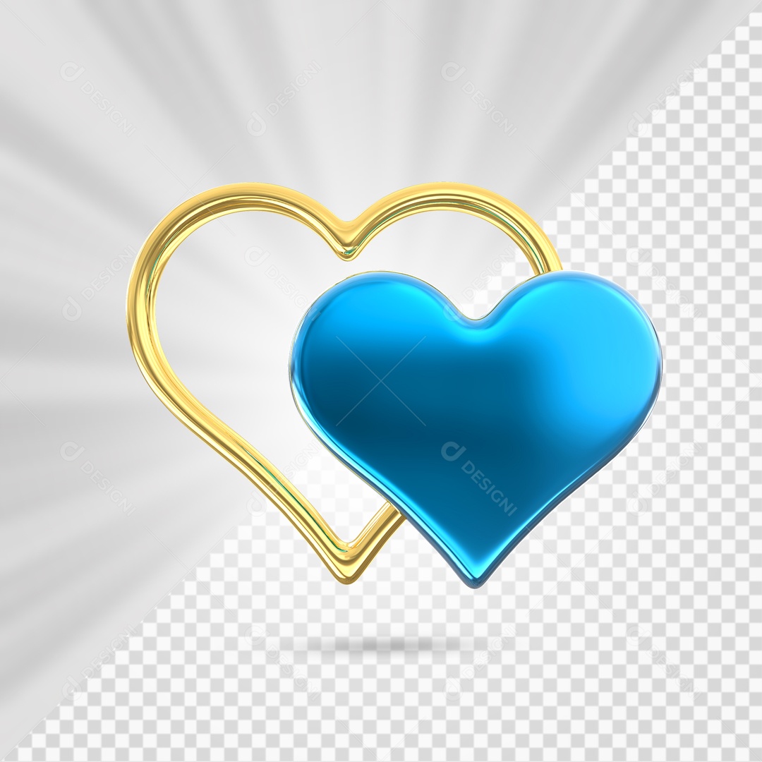 Arco Dourado de Coração e Coração Azul Elemento 3D para Composição PSD