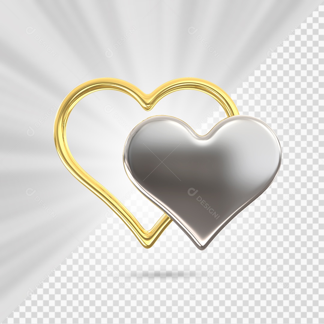 Arco Dourado de Coração e Coração Cinza Elemento 3D para Composição PSD