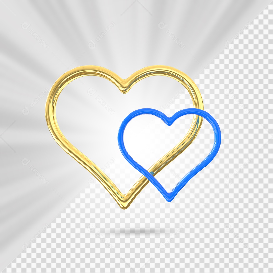 Corações Dourado e Azul Elemento 3D para Composição PSD