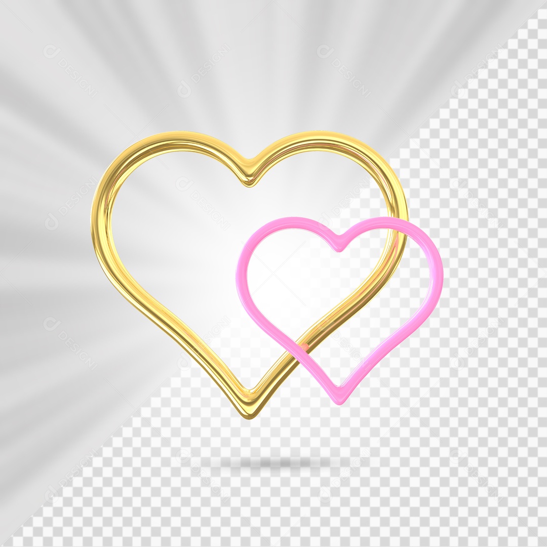 Corações Dourado e Rosa Elemento 3D para Composição PSD