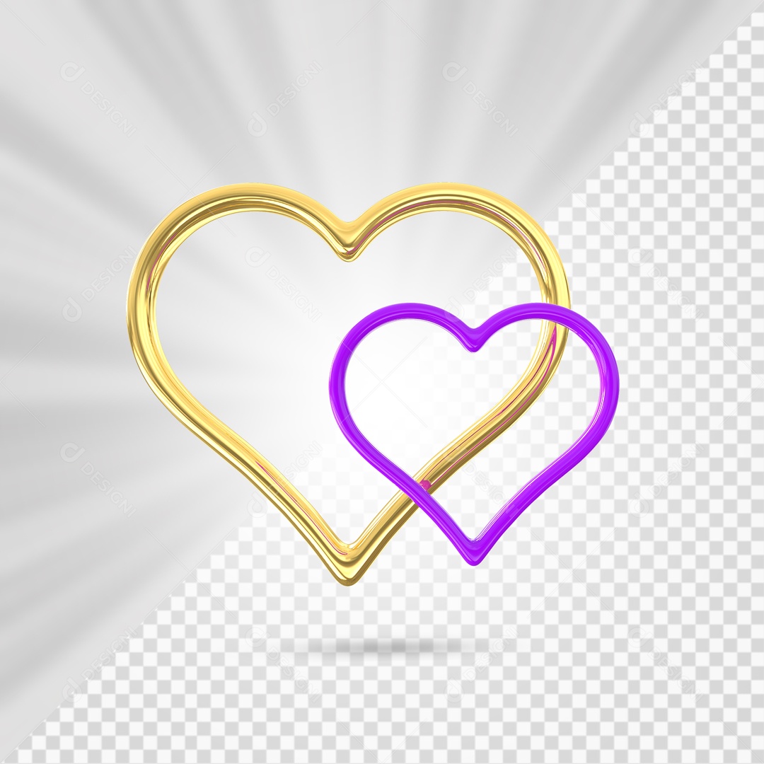 Corações Dourado e Roxo Elemento 3D para Composição PSD