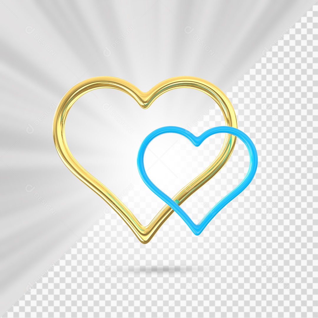 Corações Dourado e Azul Claro Elemento 3D para Composição PSD