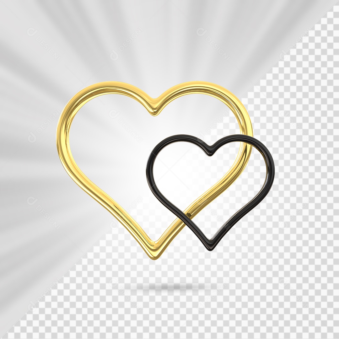 Corações Dourado e Preto Elemento 3D para Composição PSD