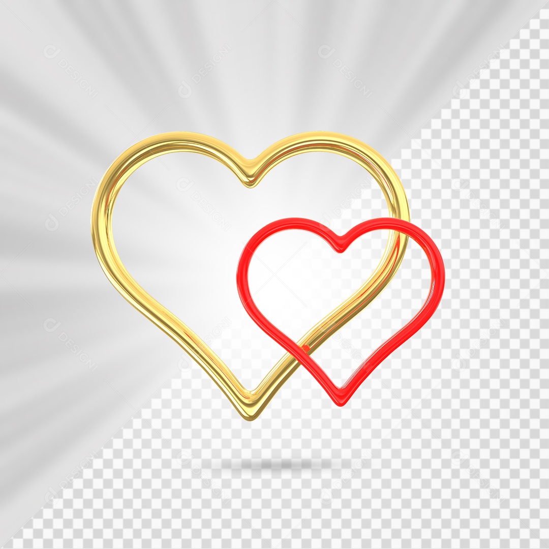 Corações Dourado e Vermelho Elemento 3D para Composição PSD