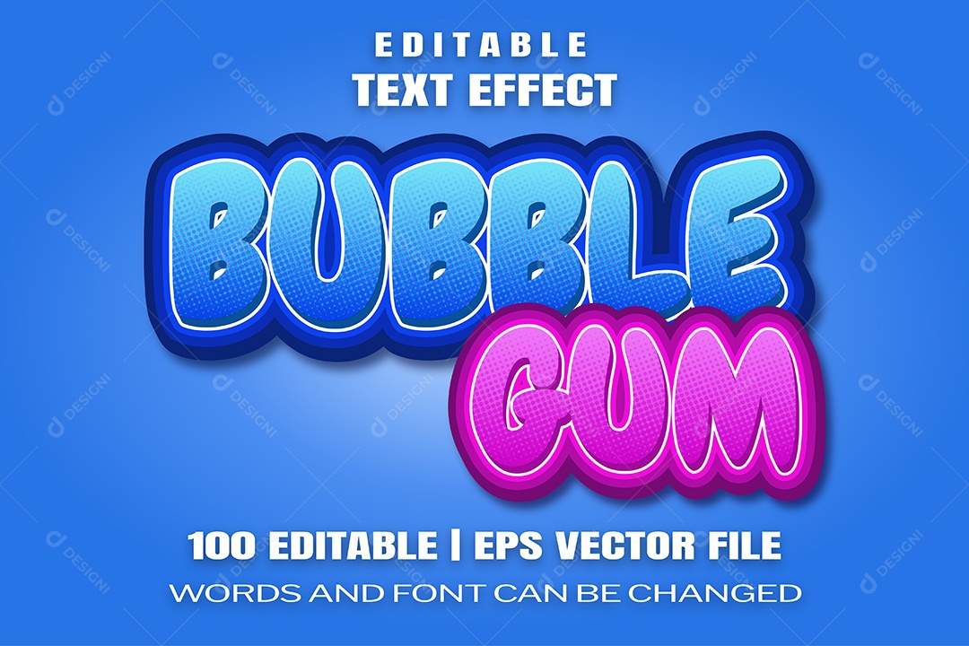 Efeito de Texto Bubble Gum Fundo Azul EPS Editável