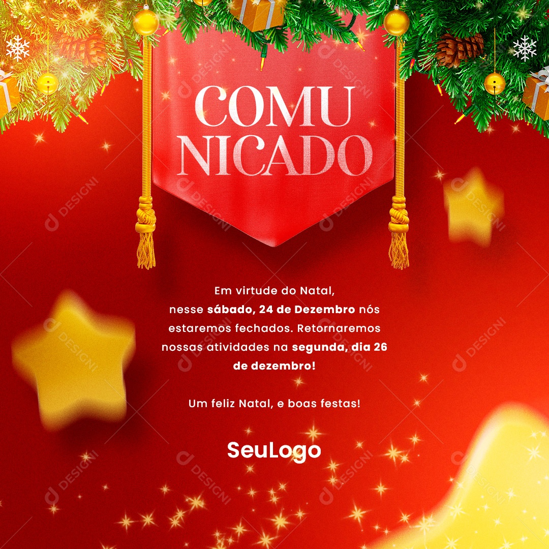 Nós Estaremos Fechados nesse Sábado Comunicado Feliz Natal Social Media PSD Editável