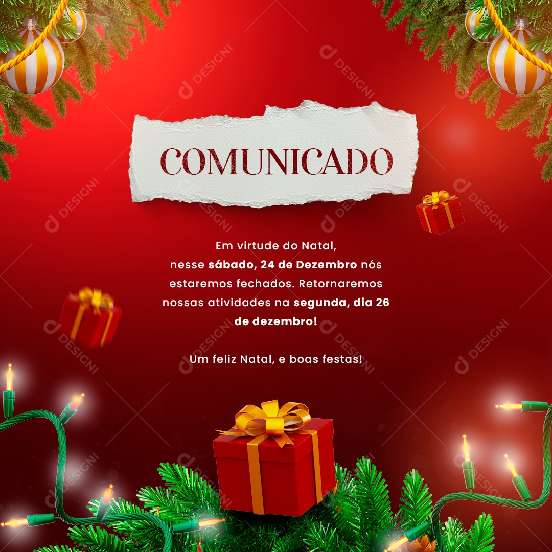 Comunicado Nós Estaremos Fechados nesse Sábado Feliz Natal Social Media PSD Editável