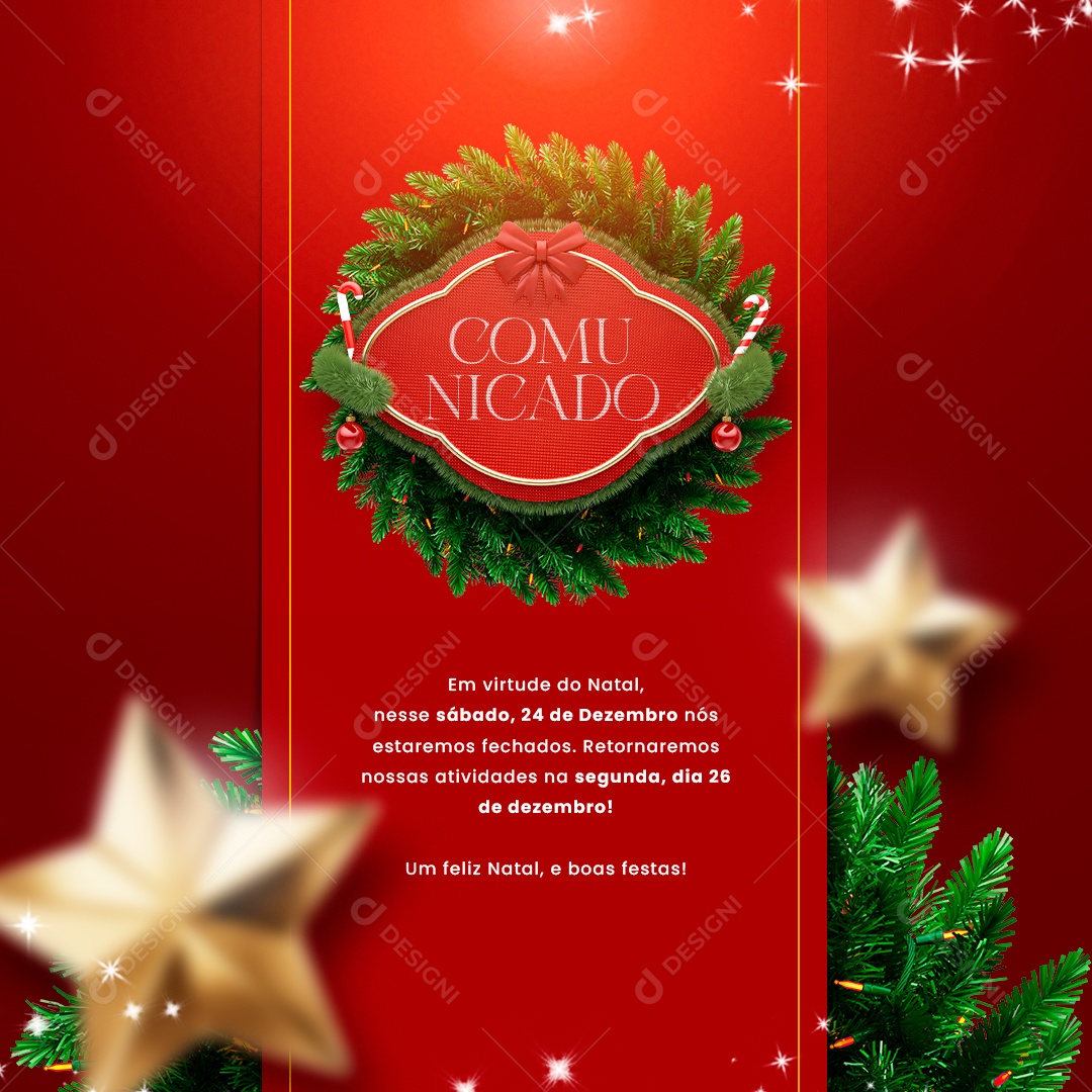 Comunicado Nós Estaremos Fechados nesse Sábado Feliz Natal Social Media PSD Editável