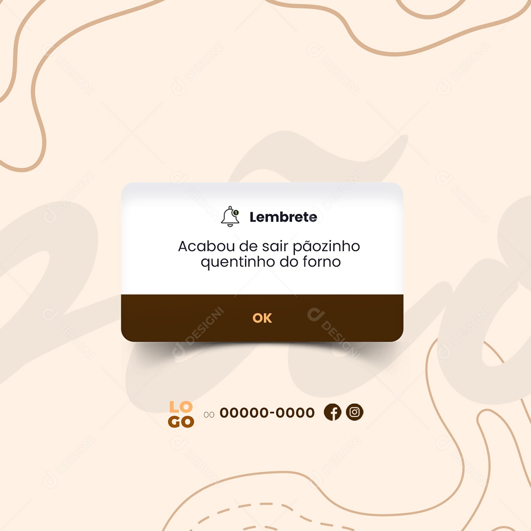 Lembrete Acabou de Sair Pãozinho Quentinho Padaria Social Media PSD Editável