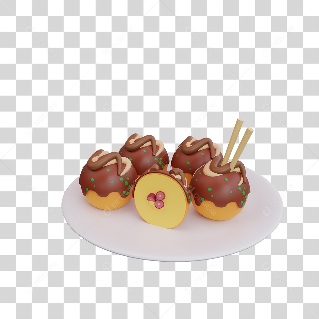 Takoyaki Comida Japonesa Elemento 3D PNG Transparente