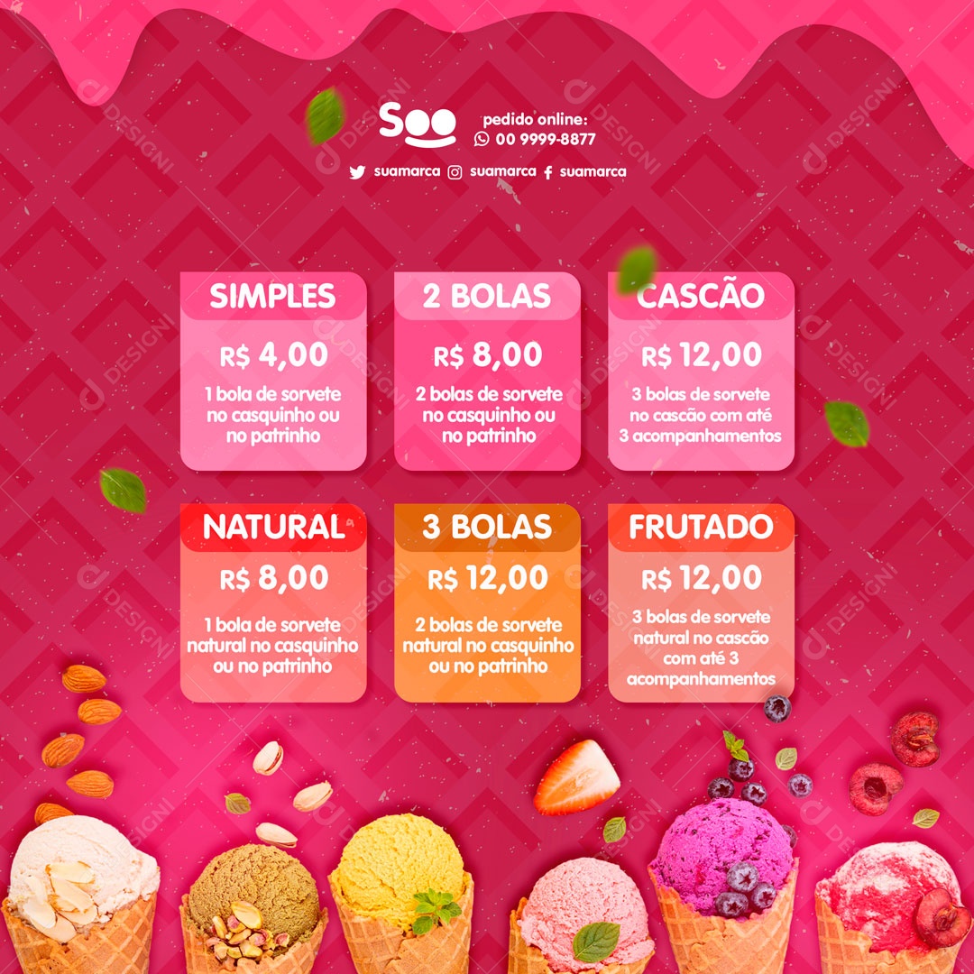Tabela de Preços Sorveteria Social Media PSD Editável