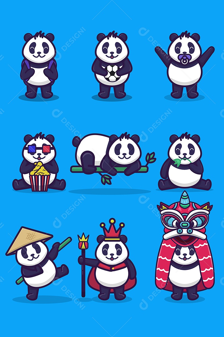 Um conjunto de Personagens de Panda Com Várias Atividades e Estilos AI + EPS Editável