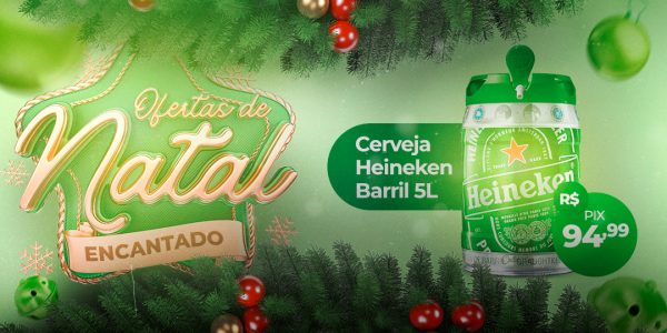 Banner Ofertas de Natal Cerveja Heineken Barril 5L 94,99 Pix Social Media PSD Editável