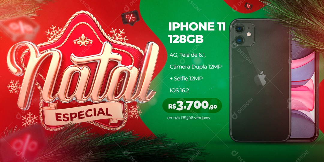 Banner Natal Especial Iphone 11 128GB Loja de Celulares Social Media PSD Editável