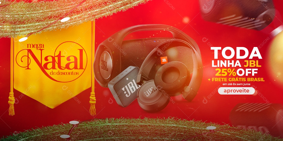Banner Mega Natal de Descontos Toda Linha JBL 25% Off Eletrônicos Social Media PSD Editável