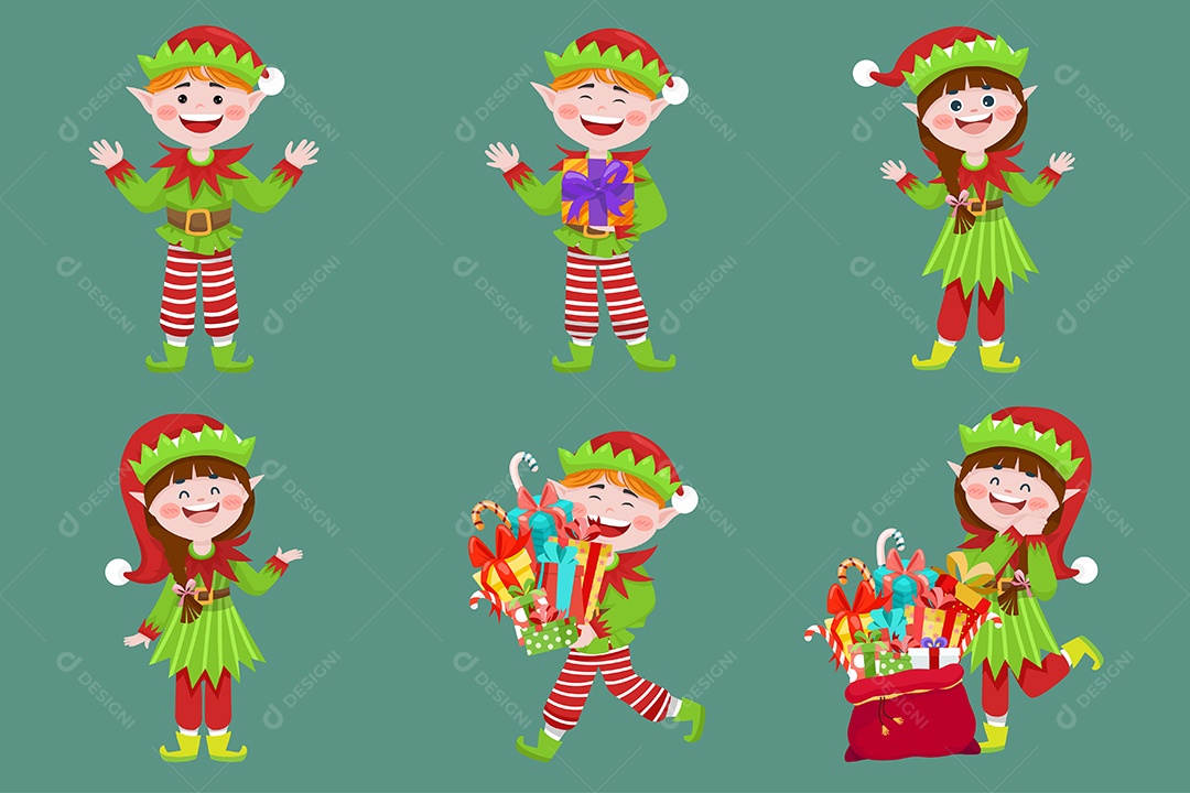 Coleção de Elfo em Várias Poses Feliz Natal Vetor EPS