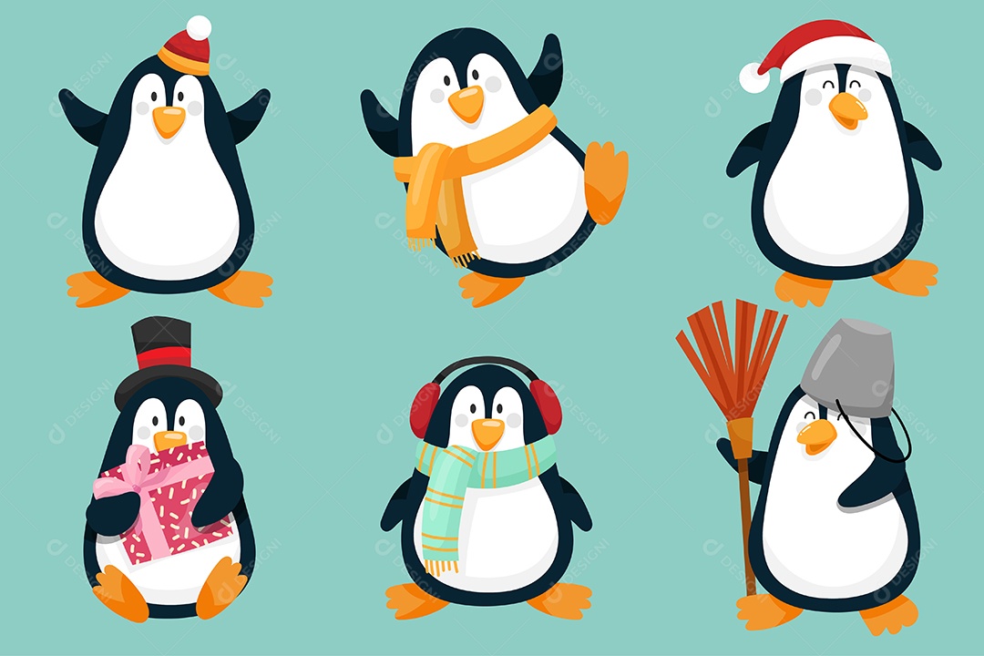 Coleção de Pinguim Várias Poses em Clima de Natal Vetor EPS