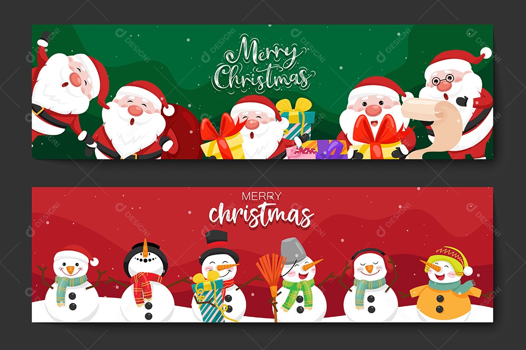 Banner Feliz Natal Papai Noel e Bonecos de Neve Vetor EPS