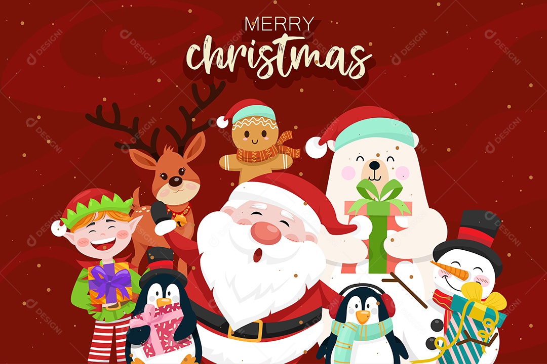 Cenas de Natal Papai Noel pinguim elfo urso renas e Bonecos de neve Vetor EPS