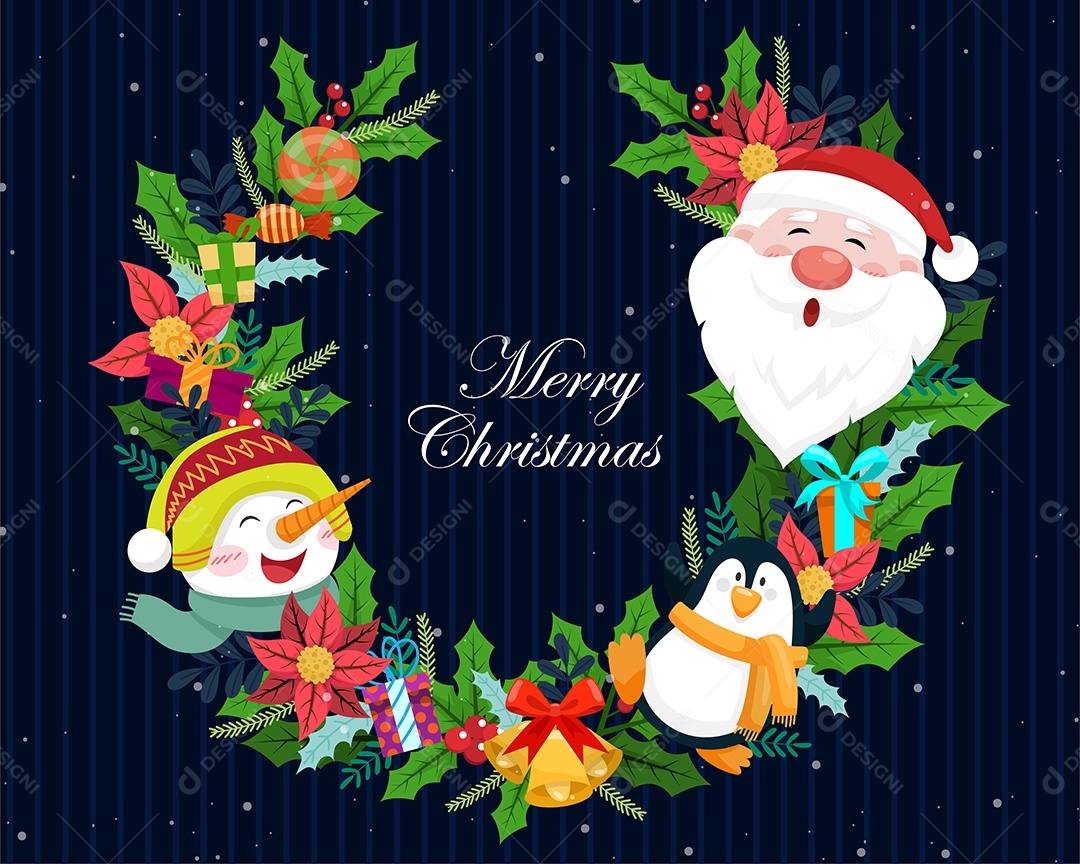 Guirlanda decorada com doces sinos pinguins e Papai Noel Vetor EPS