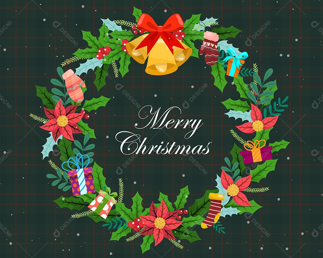 Guirlanda de Natal com galhos verdes laços vermelhos e sino de ouro Vetor EPS