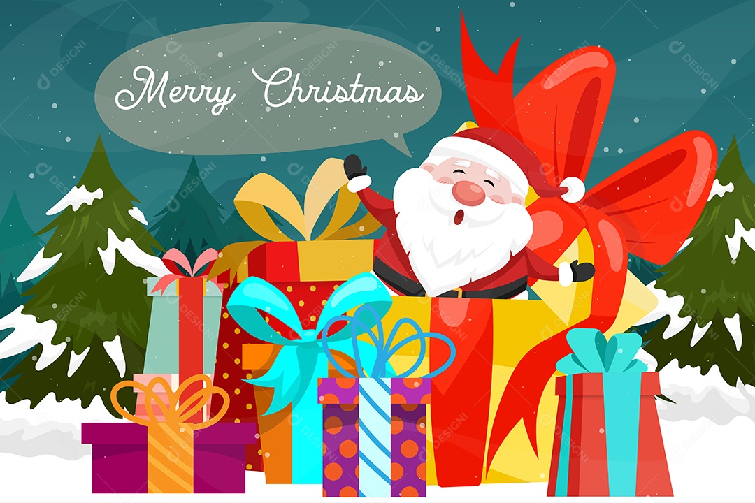 Cena de inverno nevado entre pinheiros Papai Noel e Muitos Presentes Vetor EPS