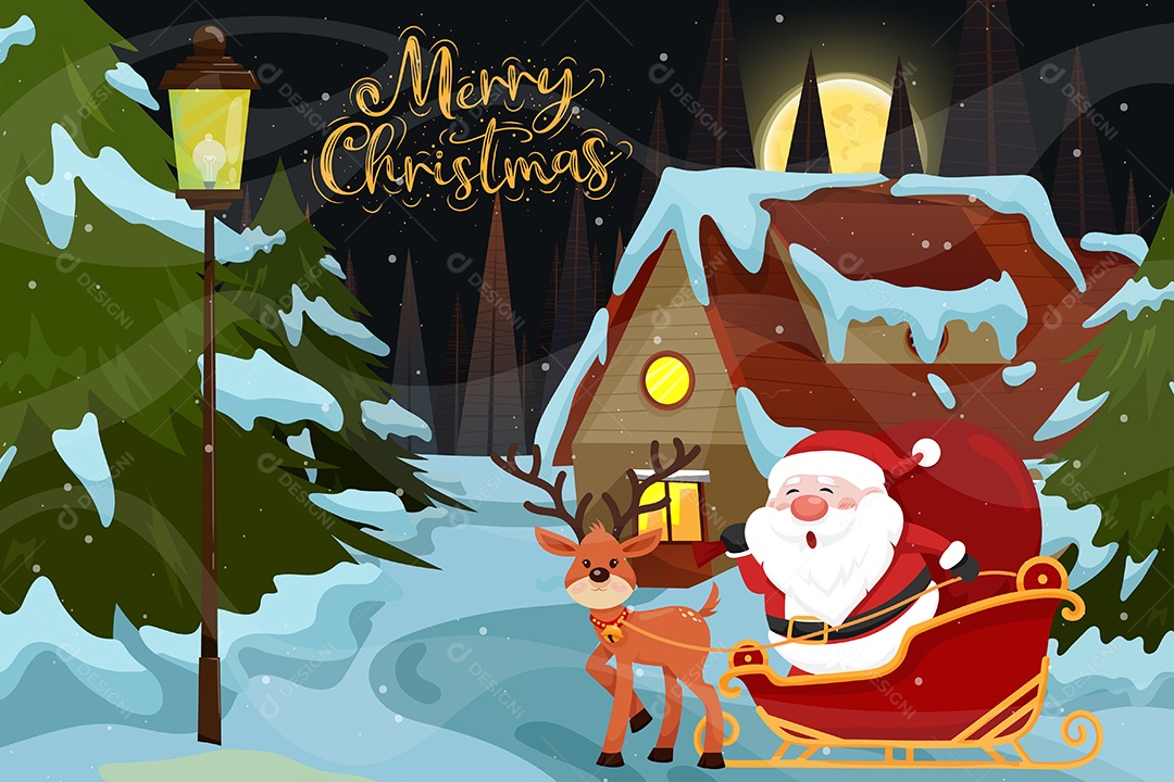 Papai Noel trenó sobre neve na noite de Natal com lua cheia Vetor EPS
