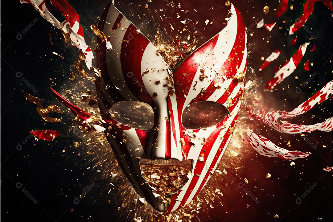 Máscara de carnaval vermelha e branca com glitter em um fundo de folha de ouro, confete e flâmulas.