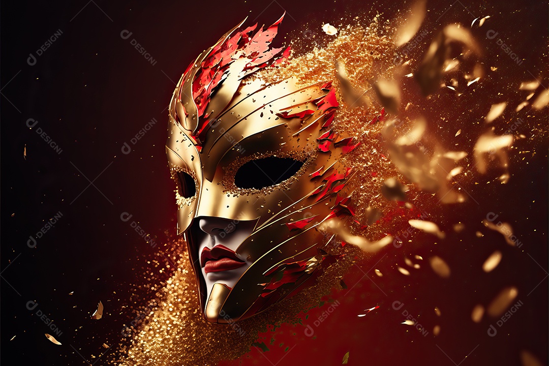 Máscara de carnaval vermelha e branca com glitter em um fundo de folha de ouro, confete e flâmulas.