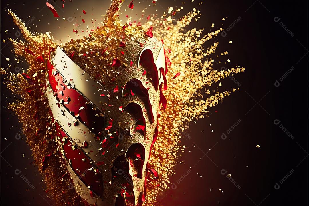 Máscara de carnaval vermelha e branca com glitter em um fundo de folha de ouro, confete e flâmulas.