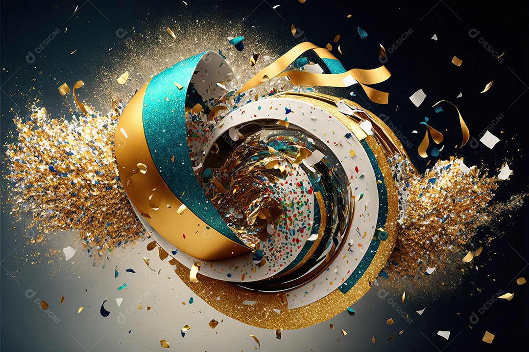 Fundo abstrato azul e branco para o conceito de festa de carnaval com folha de ouro, flâmulas e confetes brilhantes.