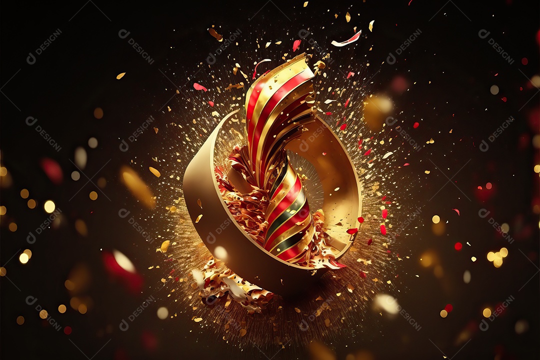 Fundo abstrato vermelho e branco para o conceito de festa de carnaval com folha de ouro, flâmulas e confetes brilhantes.