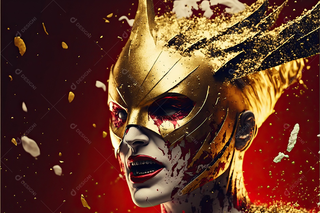 Máscara de carnaval vermelha e branca com glitter em um fundo de folha de ouro, confete e flâmulas.