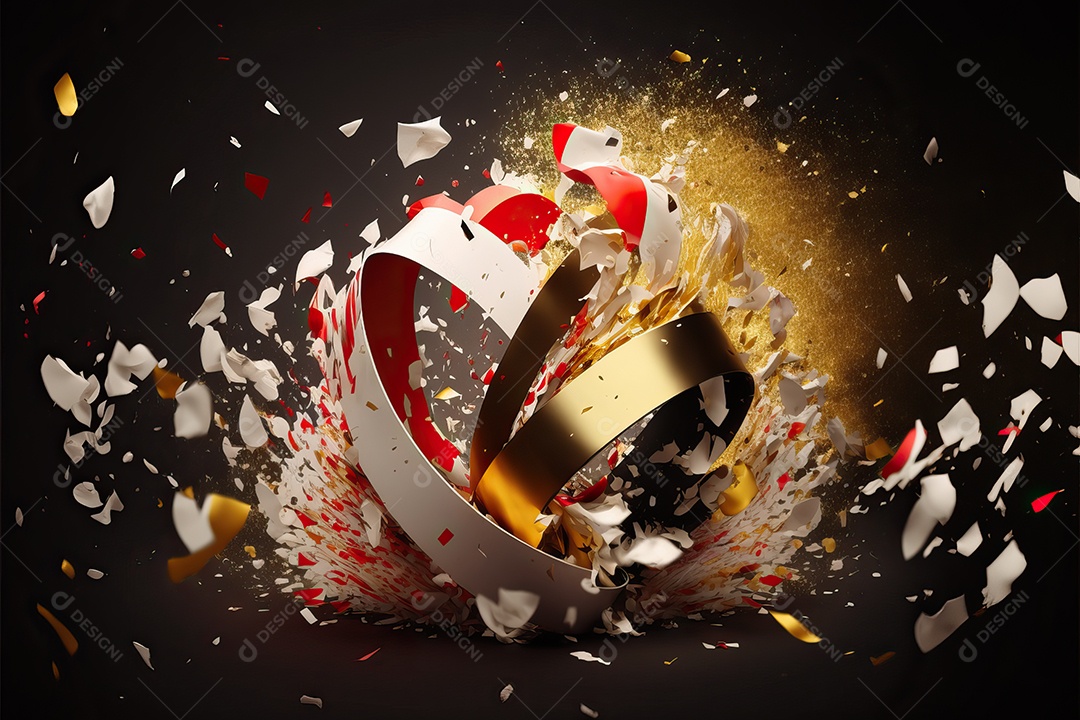 Fundo abstrato vermelho e branco para o conceito de festa de carnaval com folha de ouro, flâmulas e confetes brilhantes.