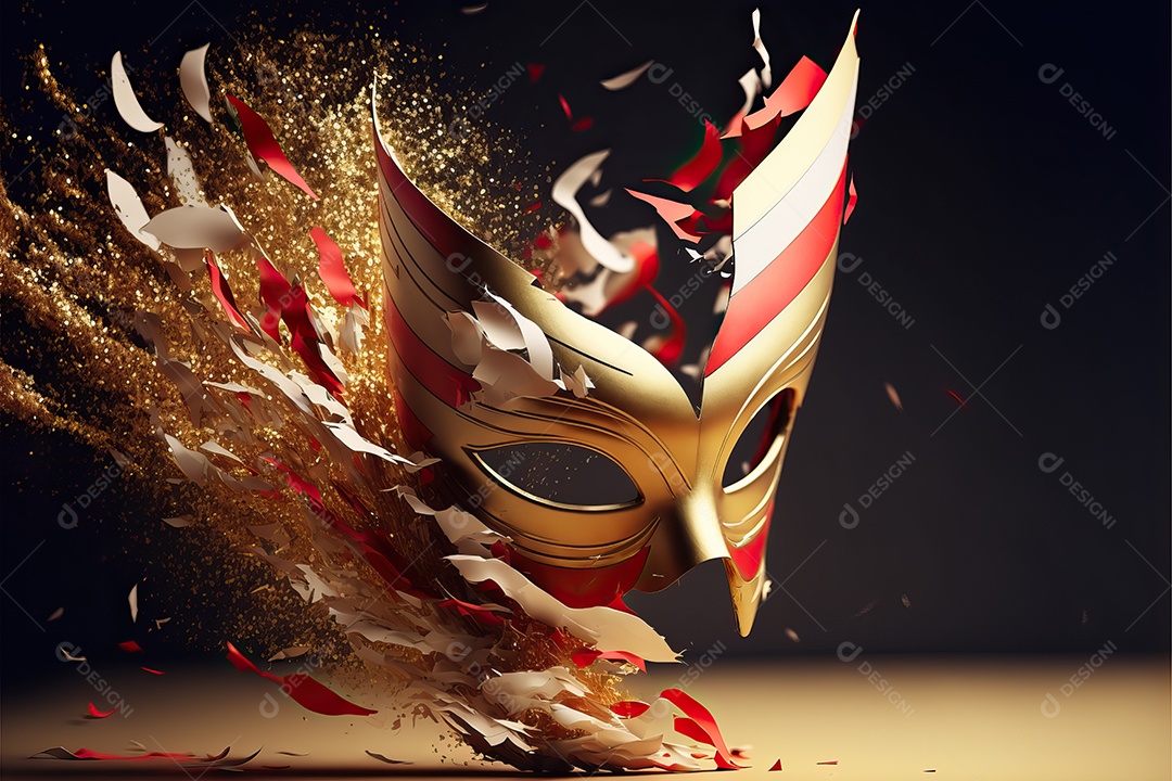 Máscara de carnaval vermelha e branca com glitter em um fundo de folha de ouro, confete e flâmulas.