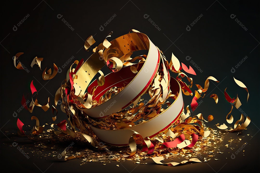 Fundo abstrato vermelho e branco para o conceito de festa de carnaval com folha de ouro, flâmulas e confetes brilhantes.