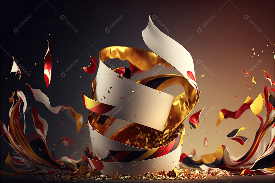 Fundo abstrato vermelho e branco para o conceito de festa de carnaval com folha de ouro, flâmulas e confetes brilhantes.