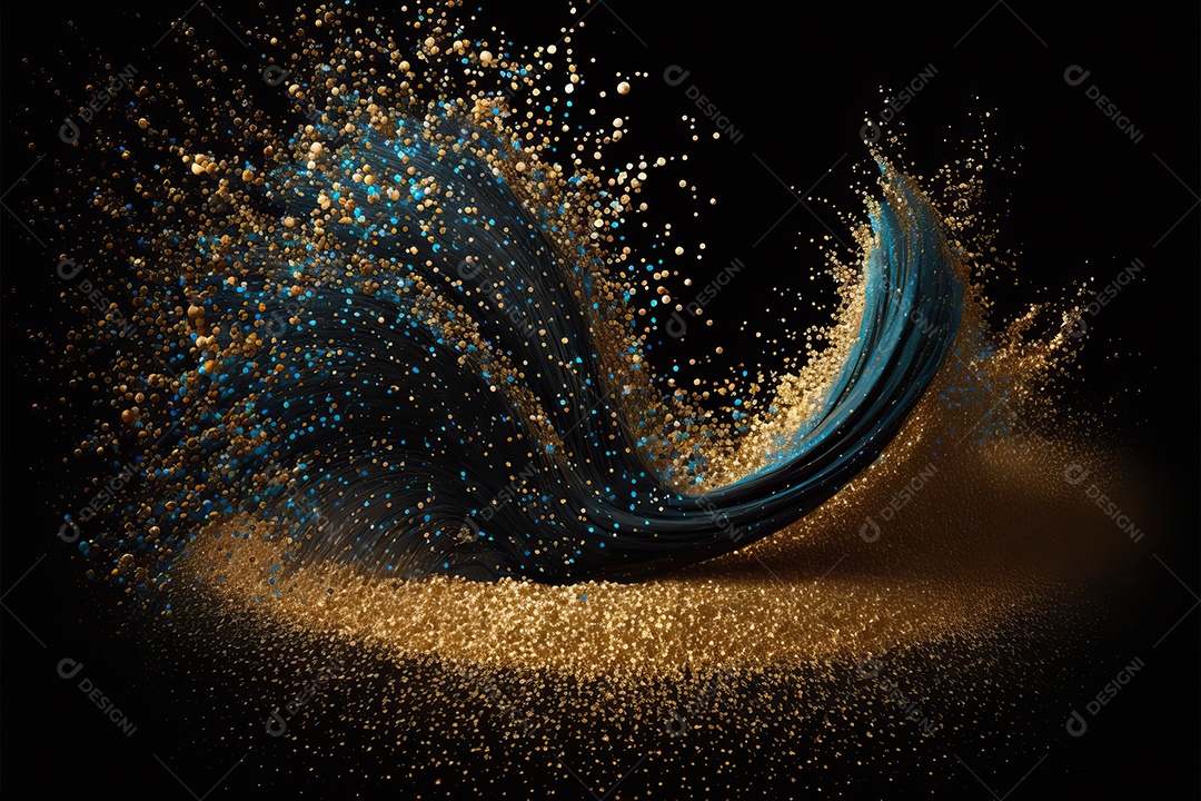 Fundo abstrato azul e amarelo para o conceito de festa de carnaval com folha de ouro, flâmulas e confetes brilhantes.