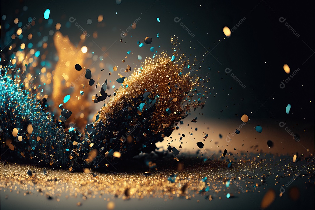 Fundo abstrato azul e amarelo para o conceito de festa de carnaval com folha de ouro, flâmulas e confetes brilhantes.