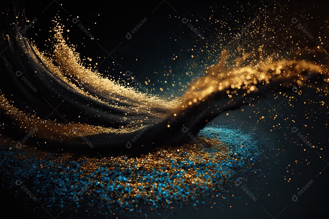 Fundo abstrato azul e amarelo para o conceito de festa de carnaval com folha de ouro, flâmulas e confetes brilhantes.