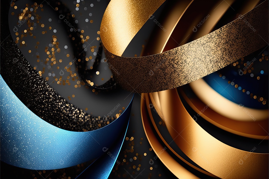 Fundo abstrato azul e amarelo para o conceito de festa de carnaval com folha de ouro, flâmulas e confetes brilhantes.