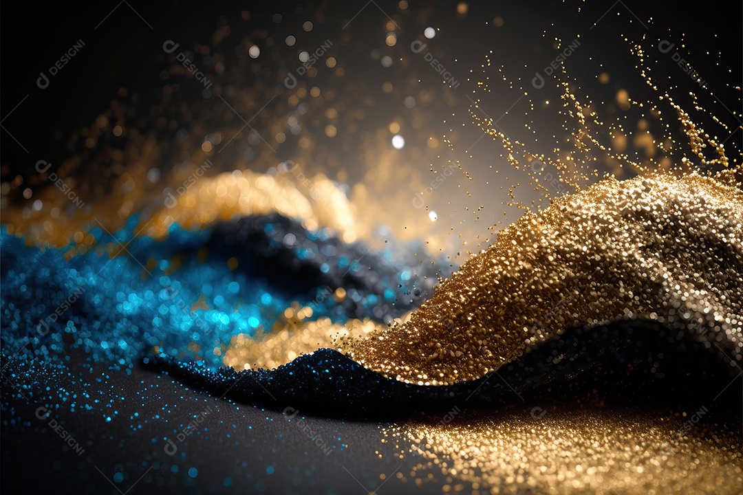 Fundo abstrato azul e amarelo para o conceito de festa de carnaval com folha de ouro, flâmulas e confetes brilhantes.