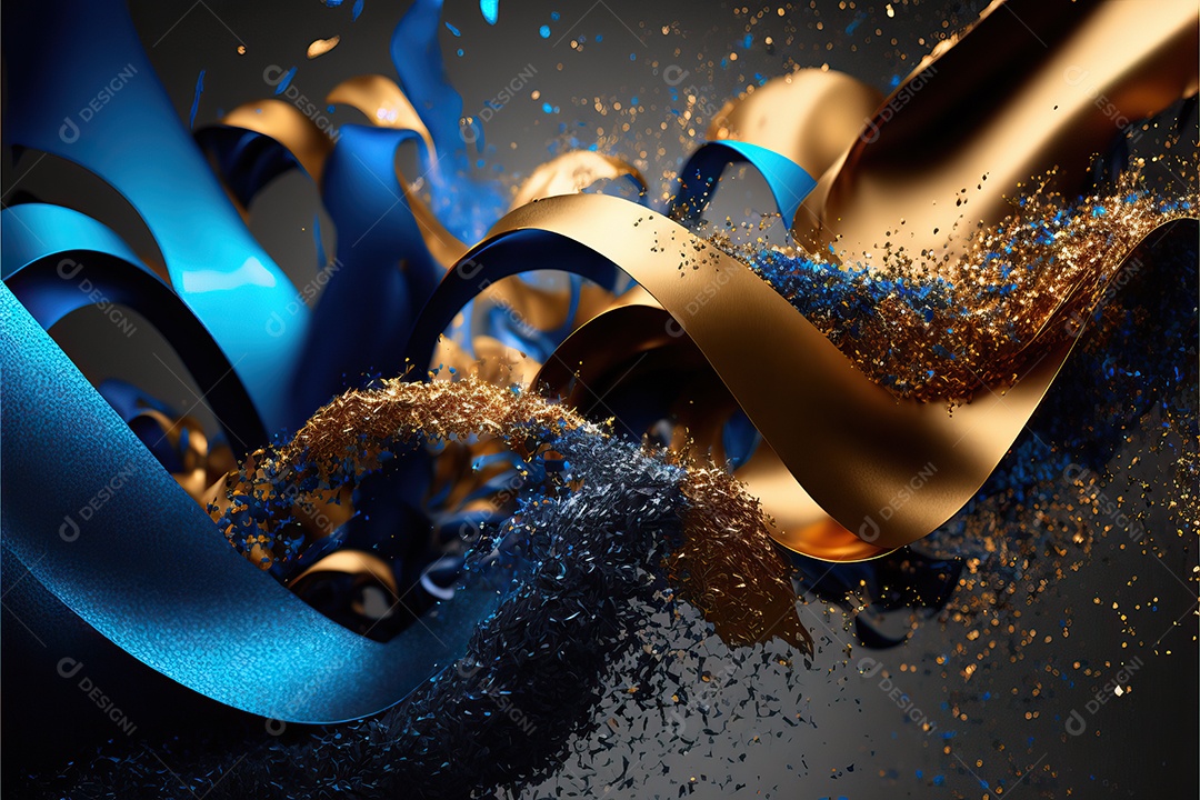 Fundo abstrato azul e amarelo para o conceito de festa de carnaval com folha de ouro, flâmulas e confetes brilhantes.