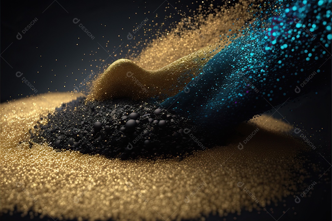 Fundo abstrato azul e amarelo para o conceito de festa de carnaval com folha de ouro, flâmulas e confetes brilhantes.