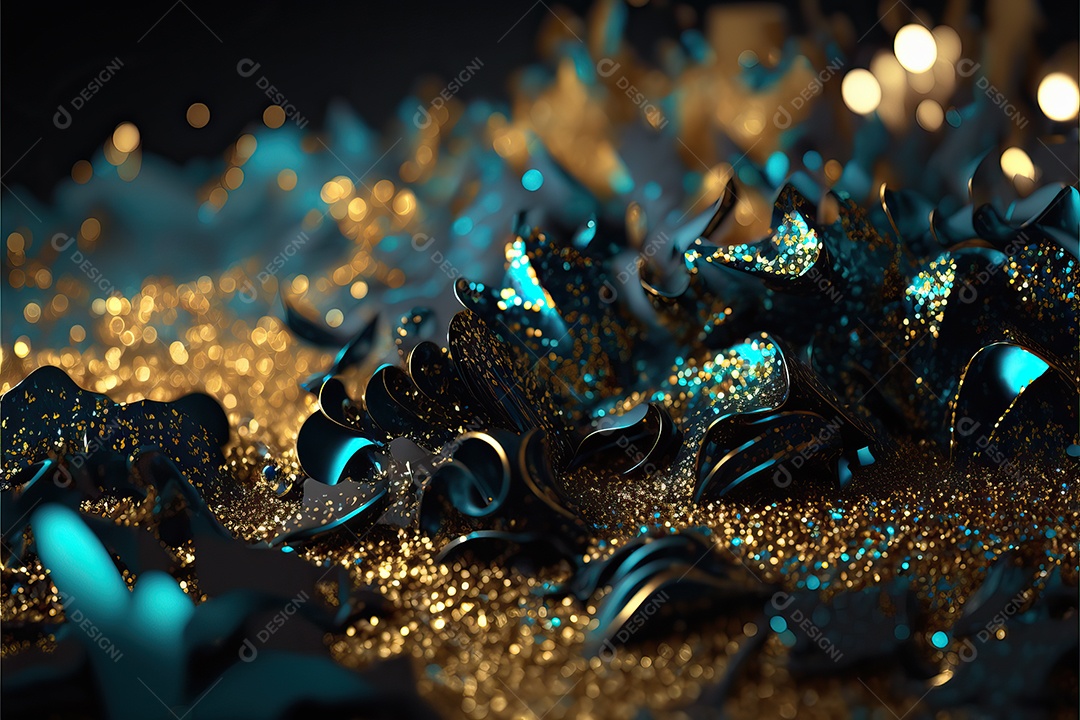 Fundo abstrato azul e amarelo para o conceito de festa de carnaval com folha de ouro, flâmulas e confetes brilhantes.