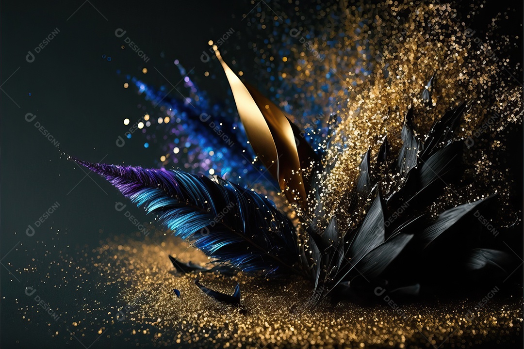 Fundo abstrato azul e amarelo para o conceito de festa de carnaval com folha de ouro, flâmulas e confetes brilhantes.